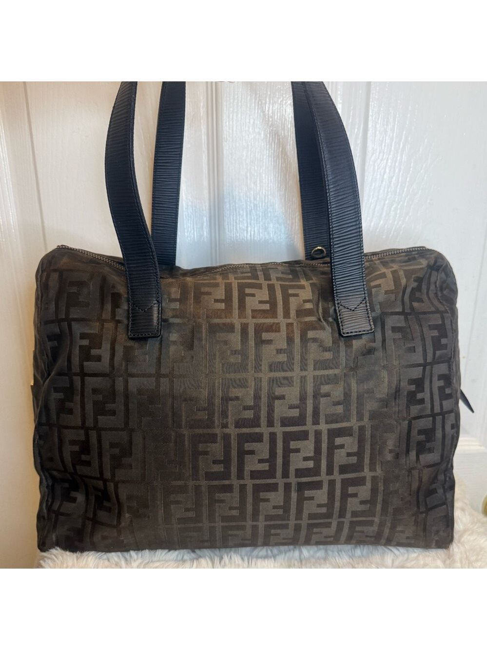 FENDI FF ZUCCA NYLON LEATHER MONOGRAM TRAVEL BAG TOTE PURSE UNISEX - Picture 4 of 16